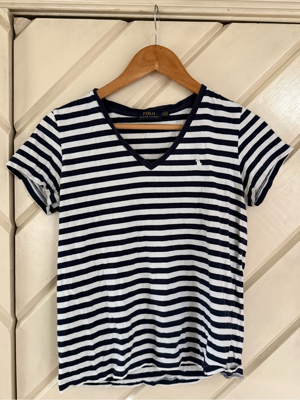 Polo by Ralph Lauren Navy and White Striped V-Neck Tee